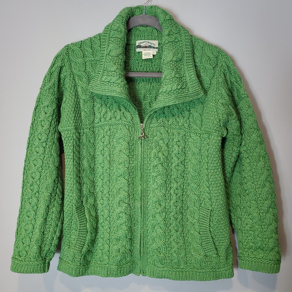 Aran Crafts Ireland 100% Pure Wool Green Cable Knit Cardigan Sweater L Fisherman